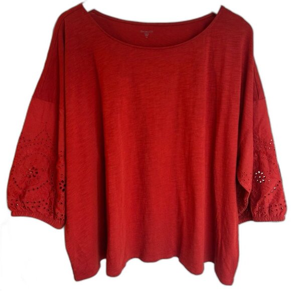 Garnet Hill Tops - Garnet Hill XL Eyelet Dark Orange Red Organic Cotton Blouse Fall Bohemian Boho